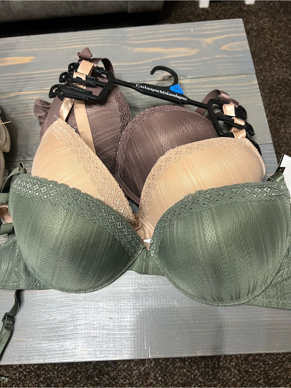 Catherine Malandrino Olive Green Lace-Trim T-Shirt Bra Trio